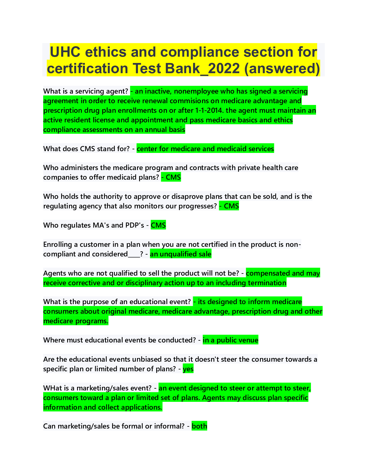 Preview image for (Answered) UHC ethics and compliance section for certification Exam Test Bank, A+ Rated guide.